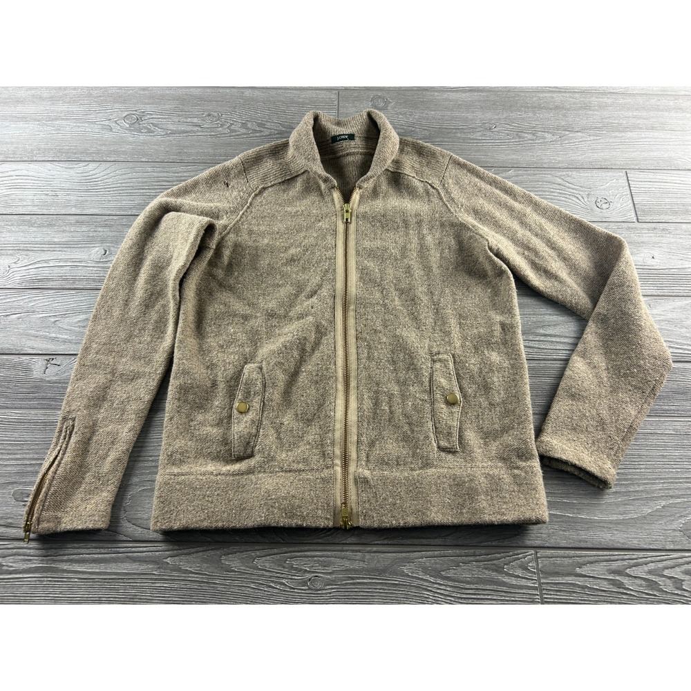 J Crew Cardigan Womens Tan Wool Blend Full Zip Knit Sweater Long Sleeve S/M